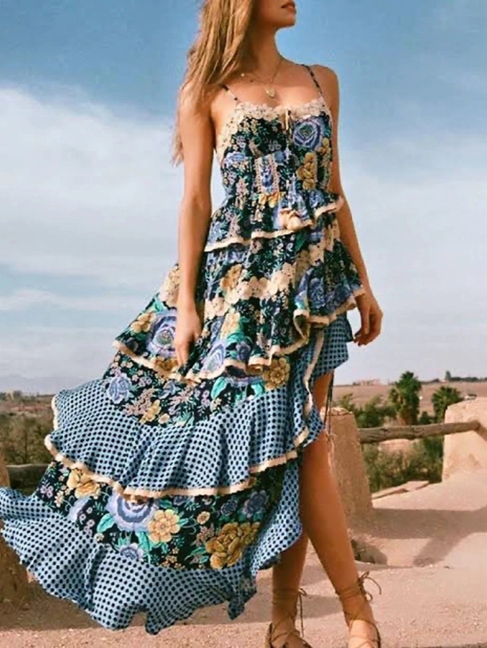 SPELL Floral Maxi Dress Blue & Gold Size Medium